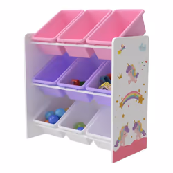 etagere de rangement muxía pour enfant avec 9 bacs ouverts blanc / violet / rose