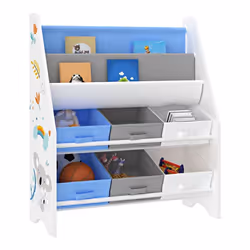 etagere de rangement ponteceso pour enfant avec 6 bacs ouverts blanc / gris / bleu
