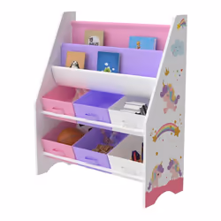 etagere de rangement pour enfant avec 6 bacs ouverts blanc / violet / rose