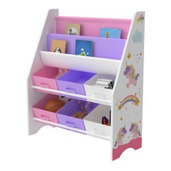 etagere de rangement pour enfant avec 6 bacs ouverts blanc / violet / rose