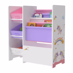 etagere de rangement pour enfant avec 3 bacs ouverts blanc / violet / rose