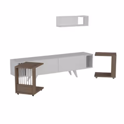 Meuble TV - Design - Banc TV avec 2 tables dappoint - Étagère murale - Blanc - Effet chêne