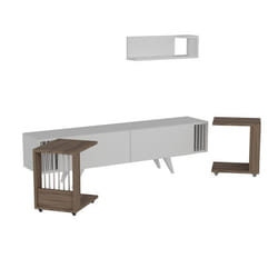 Meuble TV - Design - Banc TV avec 2 tables dappoint - Étagère murale - Blanc - Effet chêne
