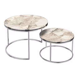 Set de 2 tables d appoint rondes gigognes marbre blanc argent