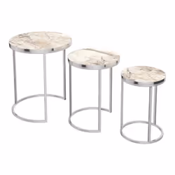 Set de 3 tables d appoint rondes gigognes marbre blanc argent