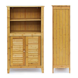 Armoire etagere petit meuble table 2 portes bambou salle de bain salon multifonction 92 cm