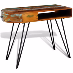 Ce bureau recyclée de style antique, avec une partie supérieure multi colorée et 4 pieds durables en fer, est un accessoire i ...