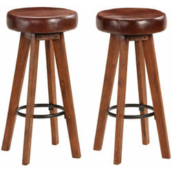 Lot de deux tabourets de bar design chaise siège bois d'acacia cuir véritable