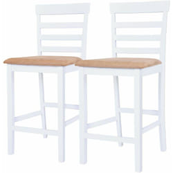 Lot de deux tabourets de bar design chaise siège bois blanc et beige