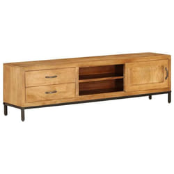 Meuble TV en bois massif laqué noir - Helloshop26 - Style vintage - 140x40x40 cm - 2 tiroirs et 2 étagères