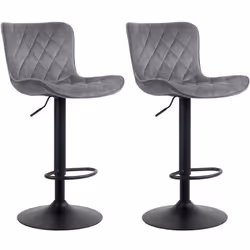 Tabourets de bar en tissu velours gris - Lot de 2 - Pieds en métal noir - Hauteur réglable - Pivotant