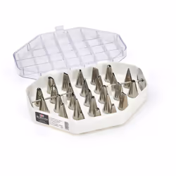 Ce coffret comprenant 36 douilles permettent de réaliser des décors fins en glaçage ou en chocolat : écriture, feuilles, fleu ...