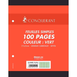 Sachet 50 feuilles perforées seyès 80 g vert format 17 x 22 cm CONQUERANT