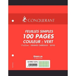 Sachet 50 feuilles perforées seyès 80 g vert format 17 x 22 cm CONQUERANT