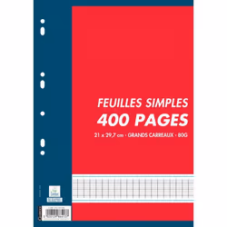 Sachet de 400 pages (200 Feuillets mobiles) format A4 : 21 x 297 cm seyes 80 g. Coloris Blanc
