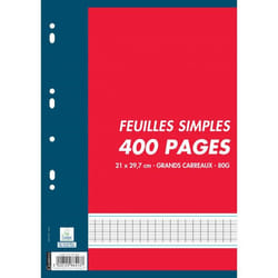 Sachet de 400 pages (200 Feuillets mobiles) format A4 : 21 x 297 cm seyes 80 g. Coloris Blanc