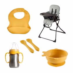 Kit repas bébé complet et design : bavoir en silicone avec poche récupératrice, chaise haute pliable HANDY avec harnais de sé ...