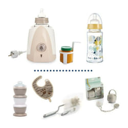 Thermobaby - Chauffe biberon + Biberon verre 230ml + Goupillon biberon + Boîte doseuse de lait + Bavoir + Coffret Boîte a sucettes