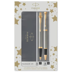 Coffret duo PARKER IM - Stylo bille et roller - Métal brossé - Attributs dorés - Recharge noire