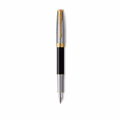 Parker Sonnet, Noir, Or, Métallique, Noir, Laiton, Acier inoxydable, Or, Vernis, Palladium, Plume italique, Or/rhodium