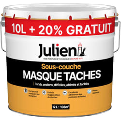 Julien - Sous-Couche Masque Taches - Pour fonds anciens, difficiles, abîmés, tachés - Mat Blanc 10L + 20% gratuit