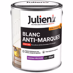 La peinture Julien Blanc Anti-marques Velours pour murs et boiseries est une solution à base d'eau idéale pour une utilisatio ...