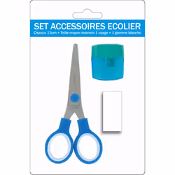 Petit kit de fournitures scolaires - Ciseaux - 1 mini gomme - 1 mini taille-crayon