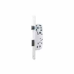 serrure à encastrer coffre de 135 mm axe bec de cane à 40 mm, réversible, blanc, gâche incluse.