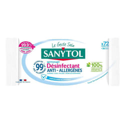 Sanytol Lingettes Désinfectantes Anti-Allergènes - Élimine 99,9% des Bactéries, Biodégradables, Pack de 72 Lingettes