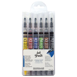 6 pinceaux encre aquarellable - Couleurs basiques - Ink brush