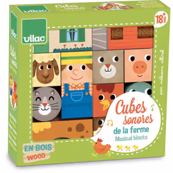 Vilac Cubes sonores de la ferme, Elements de jeu de construction, 1,5 an(s), Bois