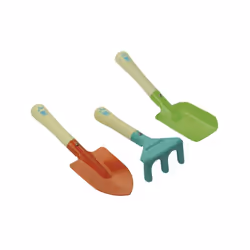 Set de 3 outils pour jardiner comme les grands : pelle, râteau, binette en bois et métal.
