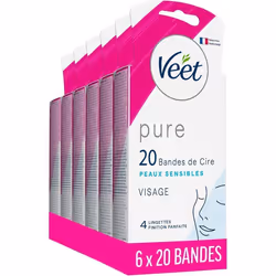 VEET PURE 120 Bandes de cire froide Visage Peaux Sensibles Recommandés par les Dermatologues - Epilation Longue Durée - 6x20  ...