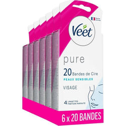 VEET PURE 120 Bandes de cire froide Visage Peaux Sensibles Recommandés par les Dermatologues - Epilation Longue Durée - 6x20 bandes