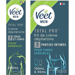 Veet Men-Lot de 1 Kit dEpilation Partie Intime-Crème Dépilatoire 100ml et Baume de Soin 50ml-1 Crème Dépilatoire Peau Normale