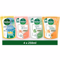 DETTOL - 4 Recharges No-Touch Savon Liquide Mains 250 ml Action Nettoyante Miel & VanilleBeurre de KaritéCitronAloe Vera &