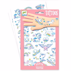 DJECO Tattoo Licorne, Multicolore, Fille, 3 an(s), Notice d'utilisation : découpez le tatouage choisi, enlever le film, place ...