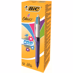 BIC 4 Colours Grip Bleu, Vert, Rose, Violet Stylo à bille rétractable avec clip Moyen 12 pièce(s)