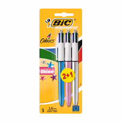 BIC Stylo 4 Couleurs Shine 2+1, Clip, Noir, Bleu, Rouge, Vert, 3 pièce(s), Moyen