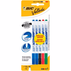 Feutres effaçables à sec - BIC - Velleda 1721 Fin - Corps plastique - Pointe ogive fine - 5 couleurs