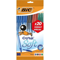 Stylos bille - BIC - Cristal Soft - Lot de 20 - 4 couleurs - Pointe moyenne - Non rechargeable