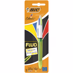 BIC 4c Fluo Blister 1, Stylo à bille retractable avec clip, Vert, Blanc, Noir, Bleu, Rouge, Jaune, Plastique, 1,6 mm, Bold