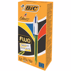 BIC 4Colours Fluo Stylo à bille retractable avec clip Noir, Bleu, Rouge, Jaune 12 pièce(s)