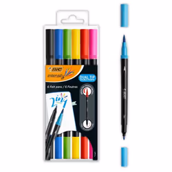 BIC Intensity Dual Tip, 6 couleurs, Noir, Bleu, Vert, Violet, Rouge, Jaune, Marqueur et feutres à pointe pinceau, 0,7 mm, Enc ...