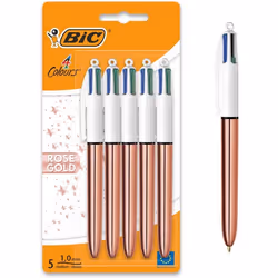 Lot de 5 stylos bille - 4 Couleurs - Pointe Moyenne - Bic - Corps Métal Cuivre