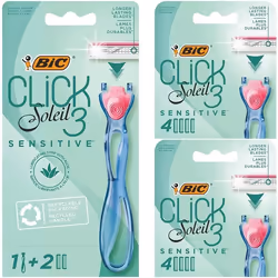 BIC Click 3 Soleil Sensitive Rasoir Rechargeable Femme Manche 30 % Plastique Recyclé 10 Recharges Bande Lubrifiante - Pack de