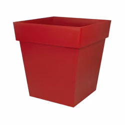 Description générale Pot de fleurs carré Toscane de la marque EDA, de couleur rouge rubis, conçu pour un usage intérieur et e ...
