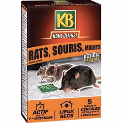 Céréales anti-rats souris et mulots - KB HOME DEFENSE - 5x25g - Lieux secs - Gants offerts