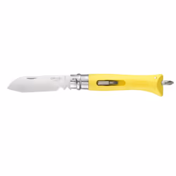 Opinel N°09, Couteau à joint coulissant, Camper/scout, Pointe centrale, Acier inoxydable, Polyamide, Jaune