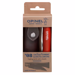 Opinel N°08, Couteau à joint coulissant, Camper/scout, Pointe centrale, Acier inoxydable, Bois, Rouge